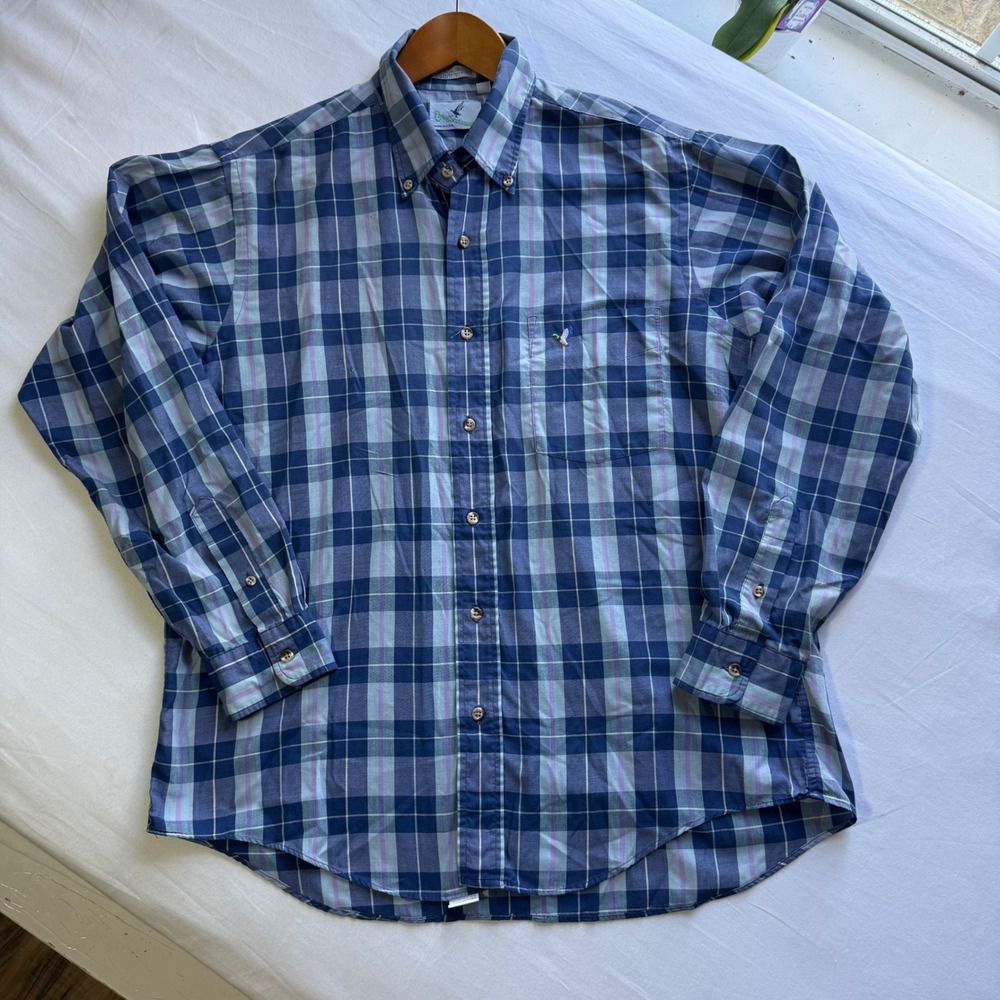 Vintage Flying Scotsman Plaid Button Down Shirt Blue Purple USA Made Duck Logo